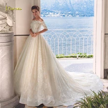 Loverxu свадебное платье трапециевидной формы с вырезом лодочкой с аппликацией, рукав до локтя, кружевное свадебное платье с пуговицами, свадебное платье с длинным шлейфом размера плюс
