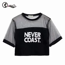 Женские топы для девочек, сексуальный Свободный короткий топ, футболка с круглым вырезом, прозрачные сетчатые топы с надписями, популярный товар, женская одежда