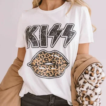 

Summer Women Kiss Letter Lips Printed T-Shirt Female O-Neck Short Sleeve Leopard T-shirts Casual Cotton Tshirt Tops Tees 2020