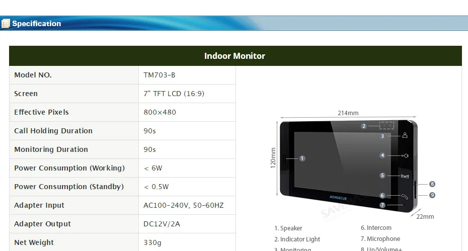 HOMSECUR " TM703-B черный Крытый мониторы для HDW проводной телефон видео домофон системы