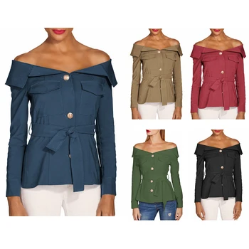 

Spring & Autumn Women's Long Sleeve Off-Shoulder Belt Buttoned Outerwears Commuting Temperament Fashion Slim Coat Hot Sale