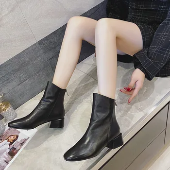 

Autumn 2020 new boots women's thick heel thin boots round head mesh red versatile back zipper leather short boots