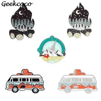 

20pcs/lot J1618 Geekcoco Enamel Brooches Collection Adventure Pin Mountain Cat Fire Metal Women Clothes Lapel Pin Badges Jewelry