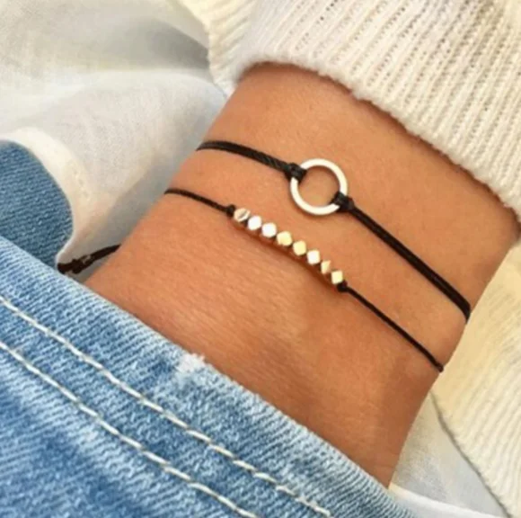 2 шт./компл. в богемном стиле Простые круглые бисером черный веревочный плетеный браслет набор Для женщин Изысканная пляжная вечерние ювелирные изделия аксессуары