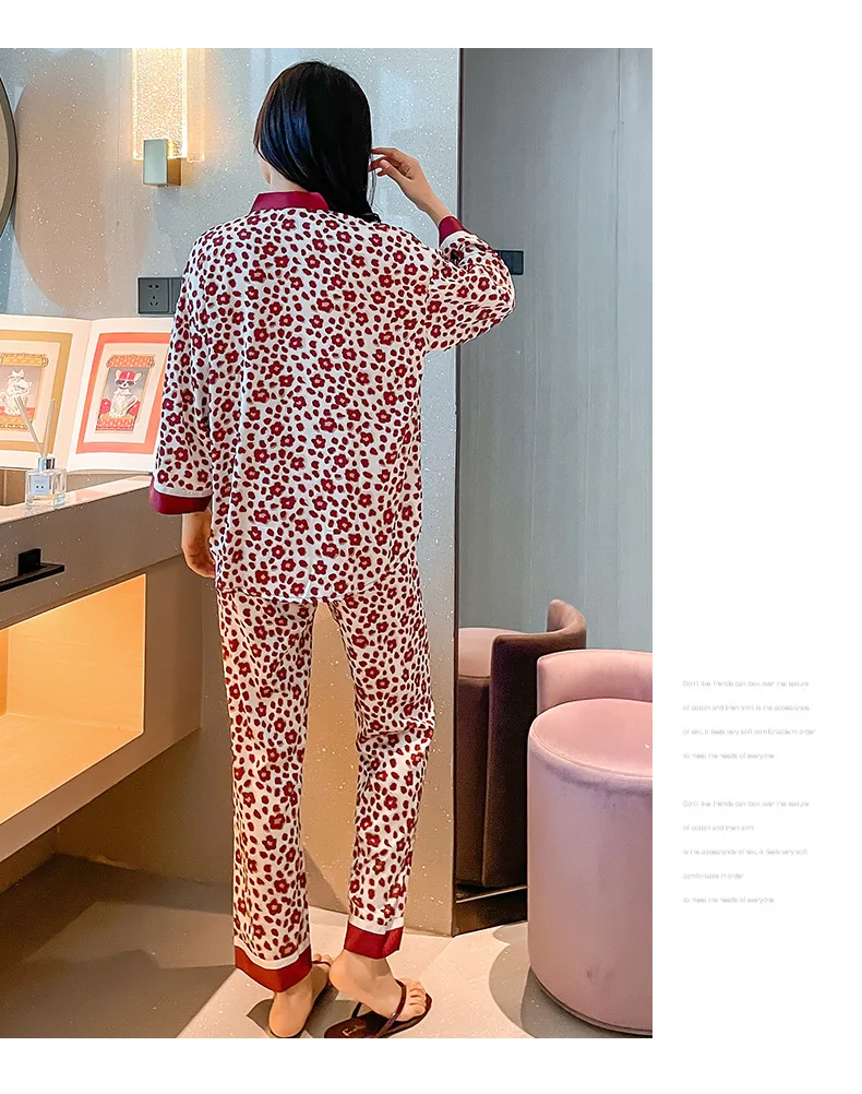 pajama sets for women New style long-sleeved trousers lapel ladies ice and snow silk pajamas leopard silk sleepwear set cotton pyjamas