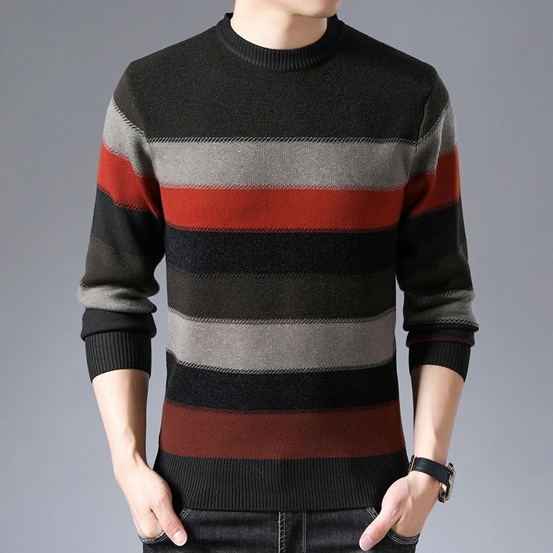 Новинка, модный брендовый мужской свитер, пуловер в полоску, Облегающие джемперы, вязаные узоры, Осенний корейский стиль, повседневная одежда для мужчин