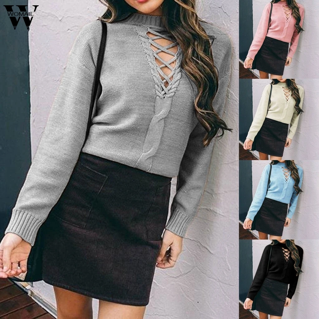 sweaters women invierno 2019 Fashion Sweater Solid Color O-Neck Hollow Knitting Long Sleeve Sweater Top ladies sweaters Au23