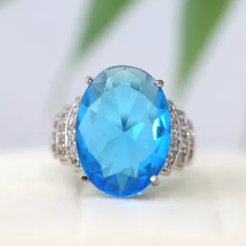 

Gift Ring Topaz Ring Birthstone Ring VS 18*13mm Oval Cut Blue CZ Ring 18k White Gold Plated Ring Cooper Ring Big Gemstone Ring