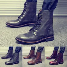 Мужская обувь в стиле ретро; мужская кожаная обувь с высоким голенищем; Осенние повседневные модные ботинки в байкерском стиле; Винтажные ботинки с круглым носком; ботинки на плоской подошве