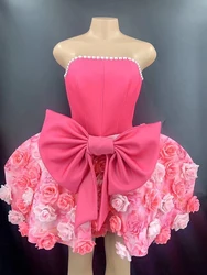 Pink Rose Dress Bownot Bead Tube Top Sweet Heart Birthday Strapless Bubble Short Dress Prom Party Cosplay Gogo Stage Costume