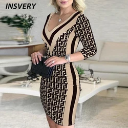 Spring Autumn Print Patchwork Party Women Sexy V-Neck Bodycon Dress Casual Long Sleeve Mini Dress Women Sequin Vestidos