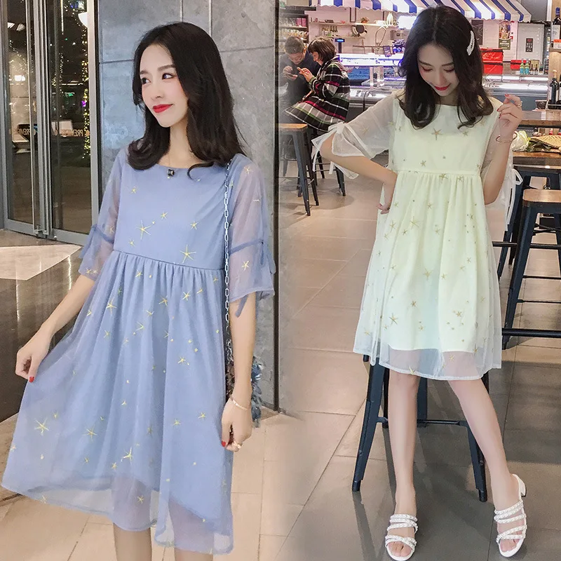 

New Style Fashion Loose Chiffon Maternity Dress Summer Wear Short Sleeve Gauze Large Size Dress Tops Loose-Fit Dress