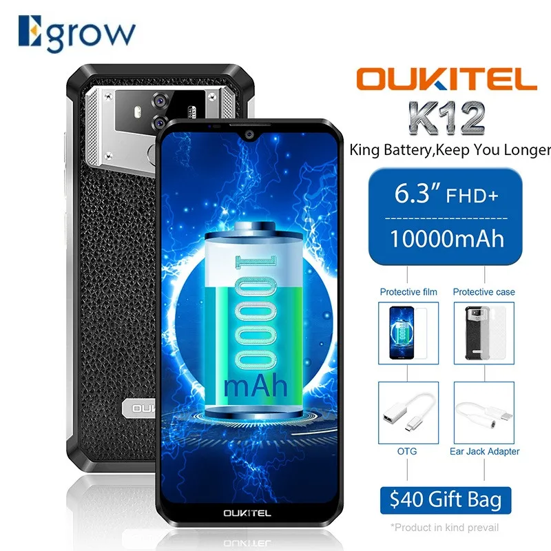 Oukitel K12 10000 мАч батарея 6 ГБ 64 ГБ Android 9,0 мобильный телефон Быстрая зарядка 16MP Cam 6," 19,5: 9 MTK6765 отпечатков пальцев Смартфон