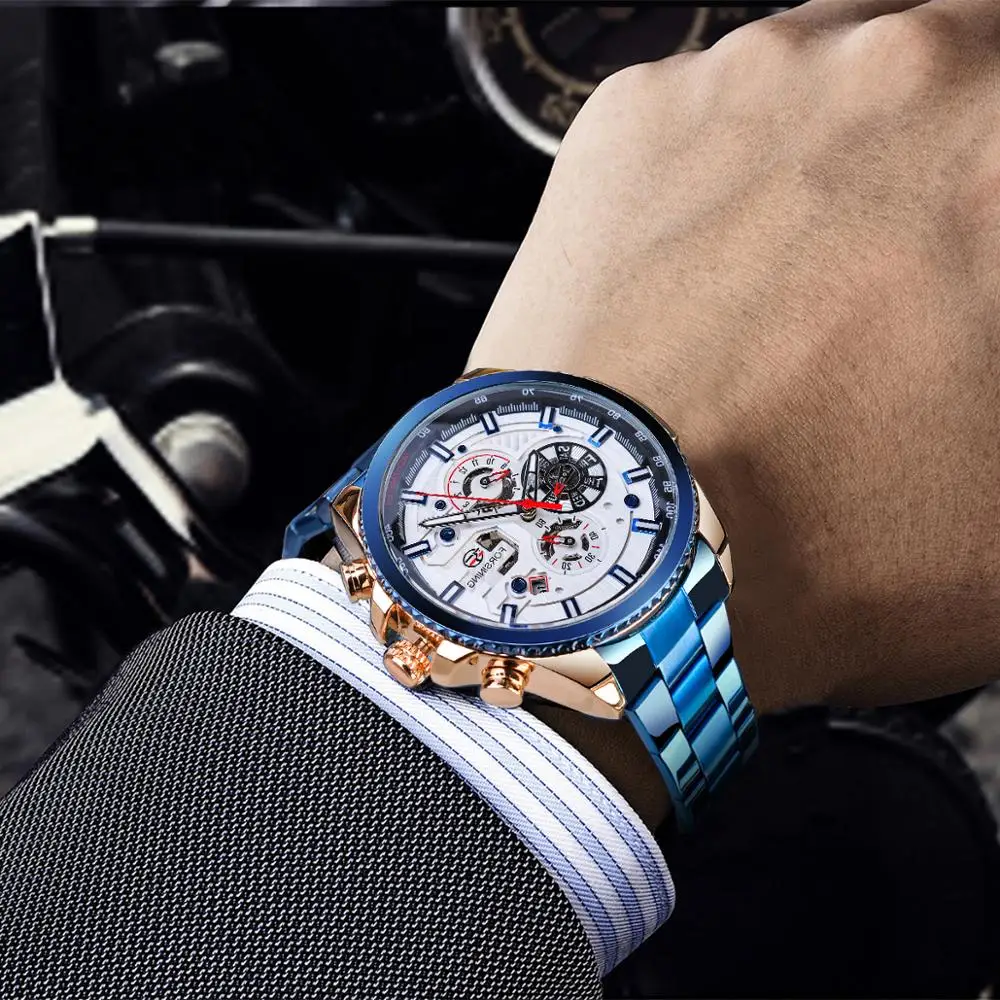 Forsining Business Mens Watches Top Brand Multicolor Man Clock Blue Stainless Steel Mechanical Automatic Stylish Male Wristwatch