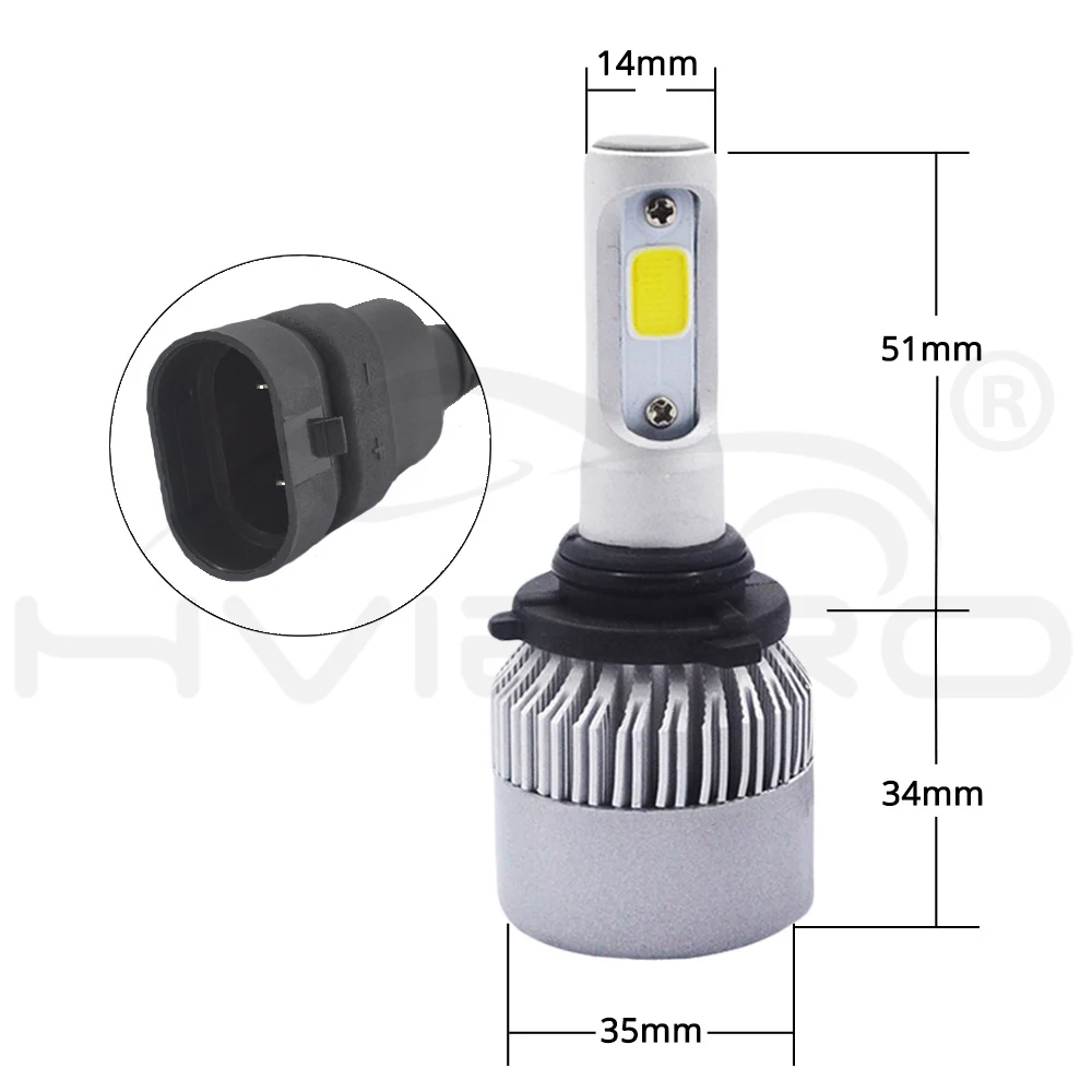 Hviero 2Pcs S2 9006 HB4 Cob Headlight WaterProof Car Bright Bulb Single Beam 72W 8000LM 6500K Automobile Headlamp White DC 12V 24V