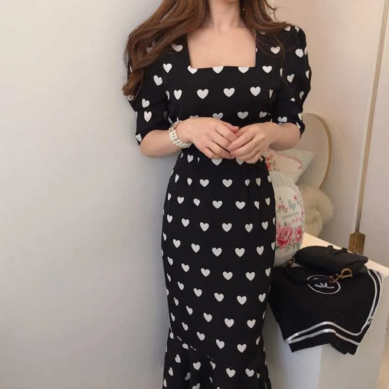 Korean Woman One-Piece Dress Summer 2020 Vintage French Loving Slim Ruffled Fishtail Long Dress Lady Elegant Short Sleeve Dress