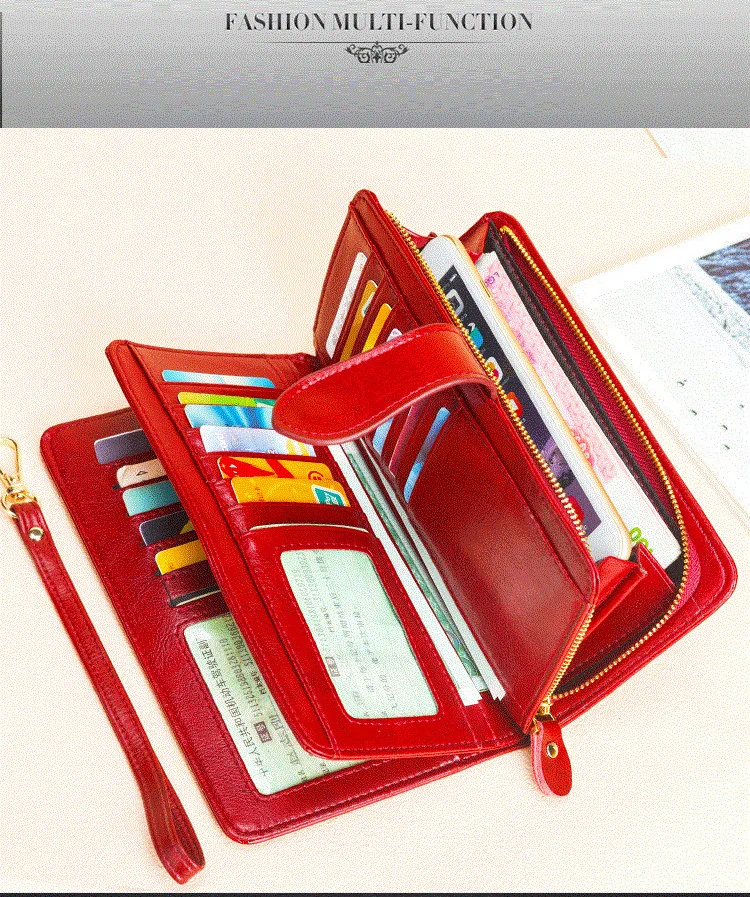 RFID Echtes Leder Brieftasche Frauen Lange Damen Karte Halter Geldbörse Große Kapazität Weibliche Brieftaschen Große Rindsleder Telefon Tasche – Detail 7