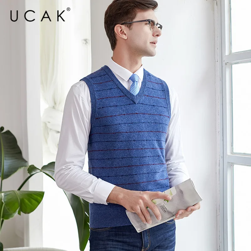 

UCAK Brand Sweater Vest Men 2019 New Arrival Casual Solid Striped Pure Merino Wool Streetwear Pull Homme Winter Sweaters U3117