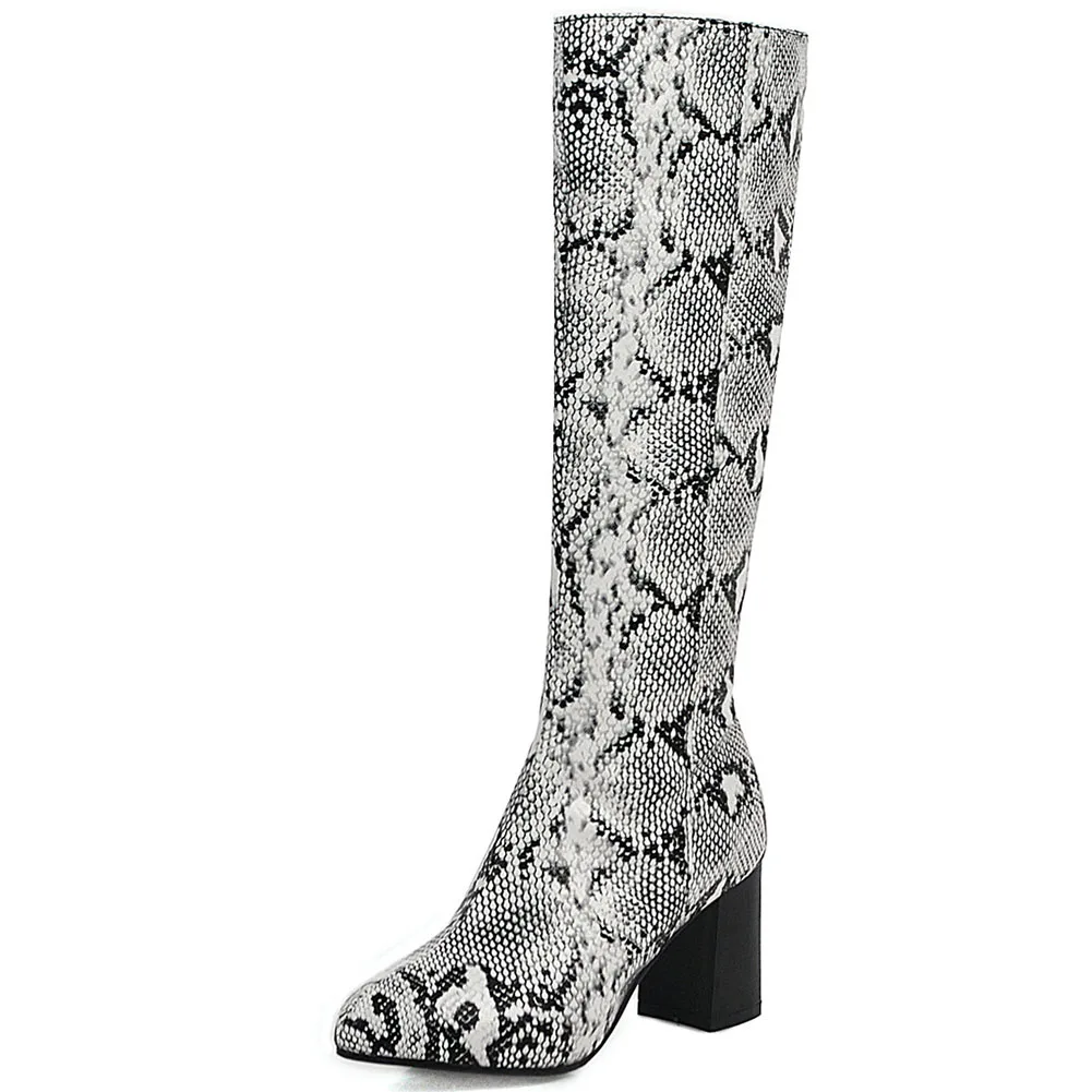 BONJOMARISA/Новинка, большие размеры 34-48, г. Модные высокие сапоги до колена со змеиным узором женские зимние сапоги на меху г. Женская обувь на высоком каблуке - Цвет: white