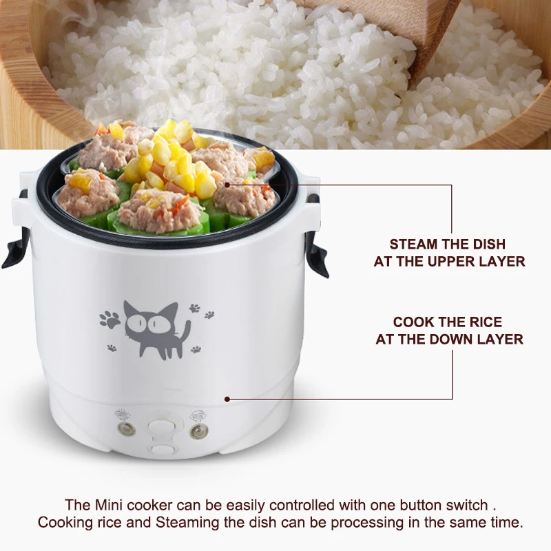 1L Electric Rice Cooker Food Container Food Steamer Portable Multifunction Soup Pot Porridge Meal for RV Car Camping Travel 12V, Size