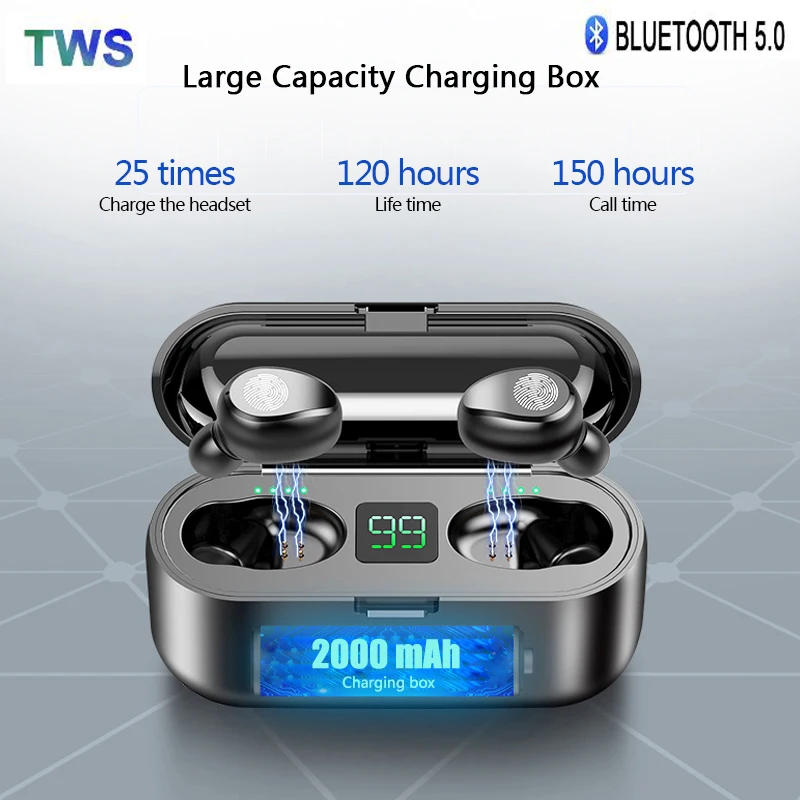 

F9 TWS Bluetooth V5.0 Wireless Touch Headphones LED Display Stereo Sports Waterproof Earbuds 2000mAh Power Supply (for iPhone Xi