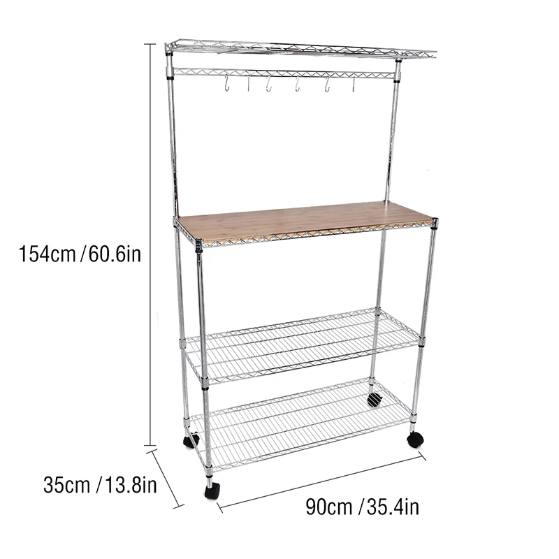 Magic Union 4-Tier Adjustable Kitchen Rack Floor Standing Rolling Rack Microwave Stand Shelf Storage Cart with Cutting Board