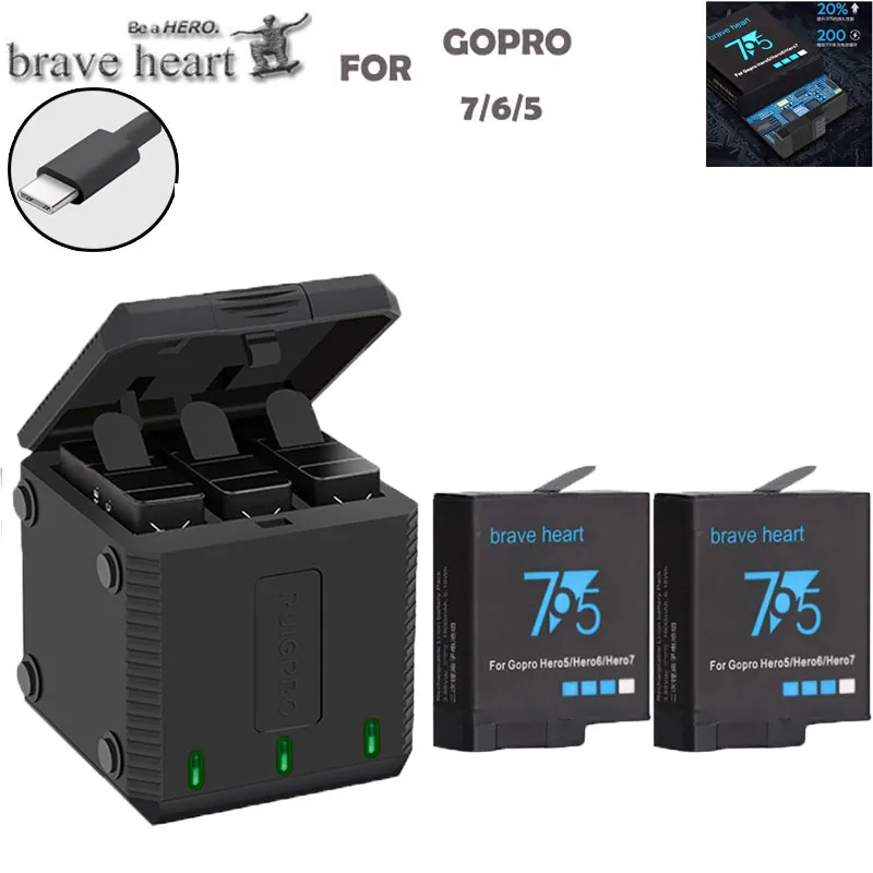 charger and 2battery Высокое качество полностью декодированный аккумулятор Go pro hero 7+ 3 порта зарядное устройство для GoPro Go pro hero 5 hero 5 6 7 hero 7 черный аксессуары для камеры - Цвет: charger and 2battery