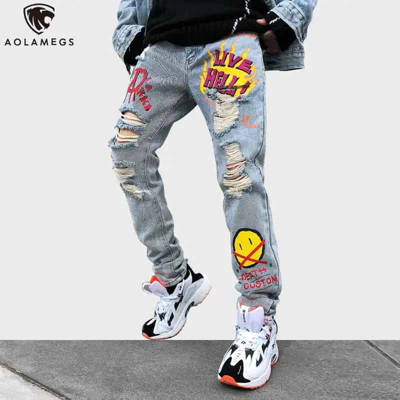 Aolamegs Jeans Men Punk Cool Graffiti Denim Pants Men Broken Hole Trousers Cute Letter Print Jeans High Street Casual Streetwear Jeans Aliexpress
