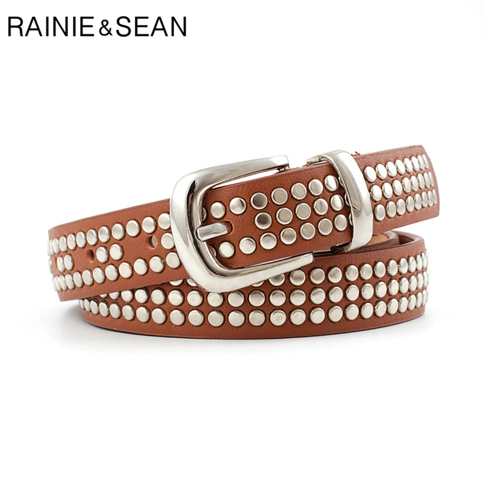 RAINIE SEAN Punk Rock Leather Belts for Women Rivet Black Red White Camel Women Belts 110cm