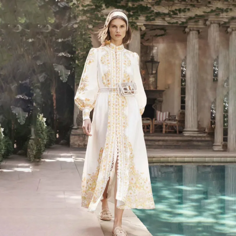 

TVVOVVIN New Autumn 2019 European Style Full Lantern Sleeve Turleneck Ankle-length Print With Sashes Women A-line Dress F347