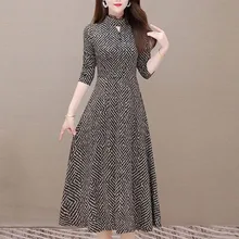 

2022 SpringAutumnVintag Striped Print Dress Women Elegant Hollow Long Sleeve Party Dress Plus Size Half Turtleneck A-line Dresse