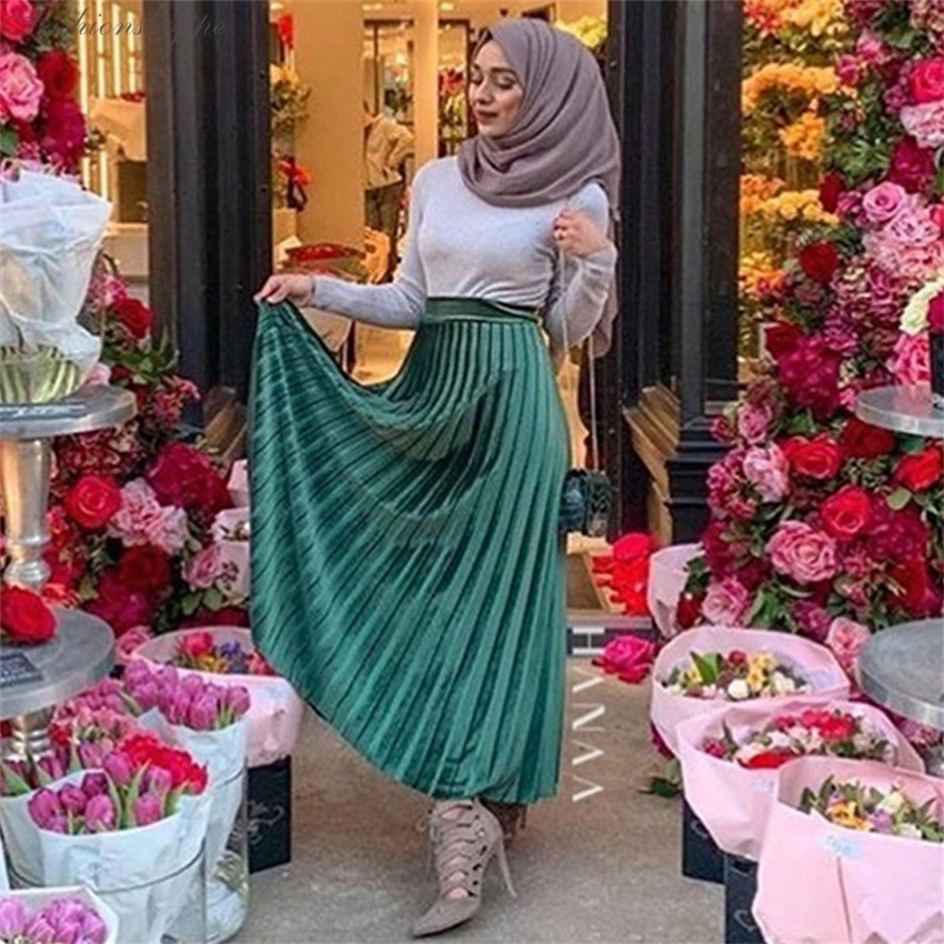 Однотонная бархатная плиссированная юбка длинная осенне зимняя мусульманская