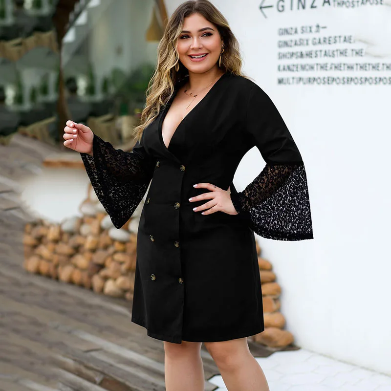 

Plus Size Deep V Neck Black Dress Lace Patchwork Flare Sleeve Vestidos Dresses Women Double Button Elegant Office Ladies Robe