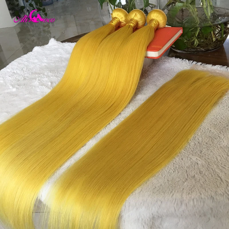 

Ali Coco Yellow Brazilian Straight Human Hair Bundles With Closure 8-28 Inch 3/4 Bundles With Closure 100% Remy Hair Extension