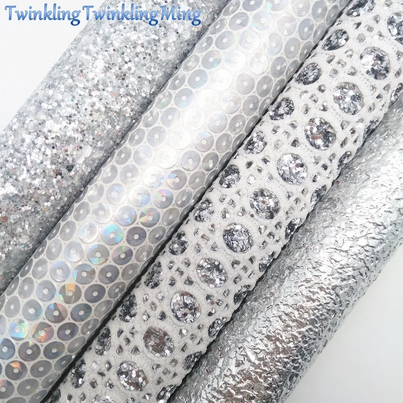 

Silver Glitter Fabirc, Iridescent Faux Leather Fabric, Synthetic Leather Fabric For Bow A4 8"x11"Twinkling Ming XM431