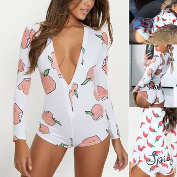 

Hirigin Summer Women Sexy Deep V Neck Long Sleeve Stretch Capsicum Peach Printed Short Romper Sleepwear Overalls Bodysuit