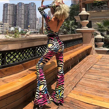 

rainbow zebra print backless flare long pants jumpsuit summer women party sexy club streetwear female clothing