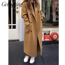 Getвесеннее женское Шерстяное Пальто двубортное шерстяное пальто черный хаки винтажное Универсальное длинное зимнее женское пальто Новая мода