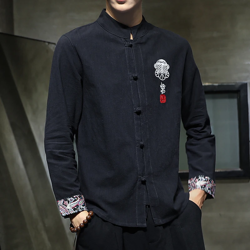 Sinicism Store, Осенние хлопковые льняные рубашки с вышивкой, мужские кимоно, традиционные рубашки с открытой строчкой, мужская рубашка в китайском стиле - Цвет: Black(AsianSize)