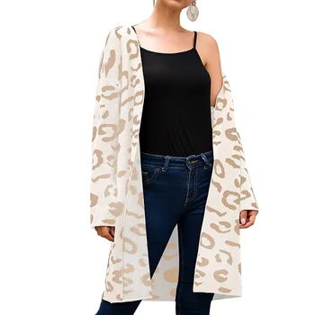 

Women Leopard Cardigan Sweater Long Sleeve V-neck Cardigan Casual Loose Long Coat JL
