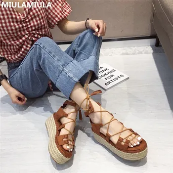 

MIULAMIULA Brand Designers 2020 Summer Lace Up Rome Fringe Women Comfy Hemp Platform Sandals Ladies Wedge Shoes Plus Size 35-41