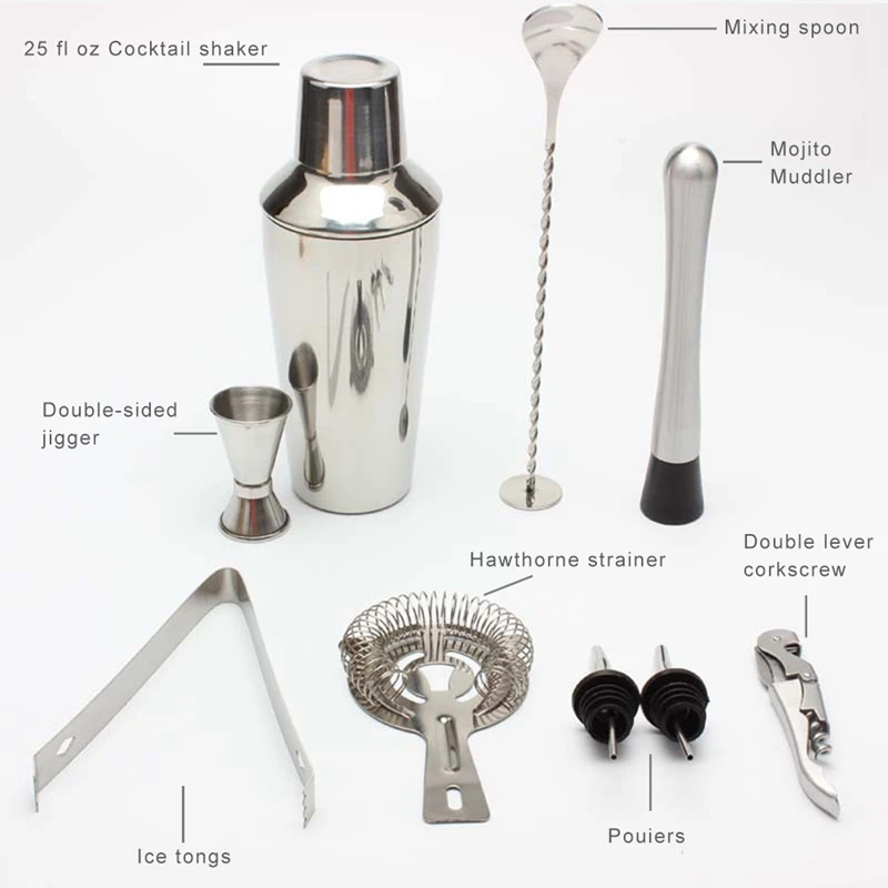 

750ml Stainless Steel Swinger Long Scoop with Ice Cube Clip Bartender Tool Kit, Log Storage Rack Bartender Tool Set 9 PCS/set