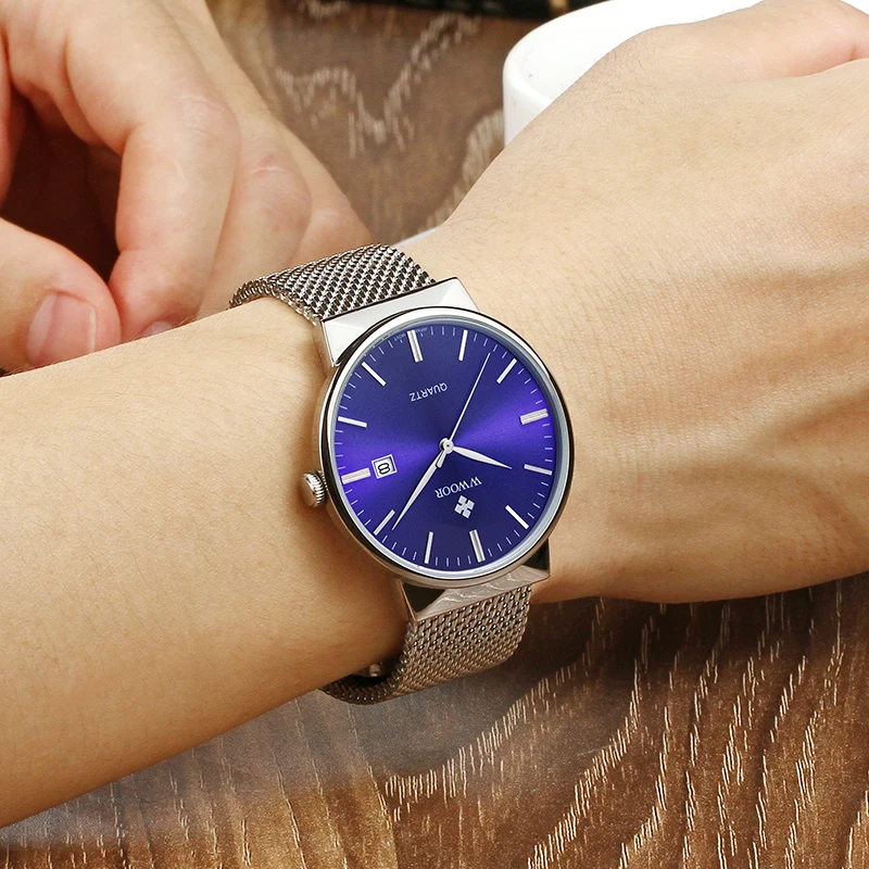 

WWOOR Blue Watch For Men Ultra Steel Mesh Waterproof Quartz Mens Watches Casual Business Calendar Wrist Watch Male montre homme