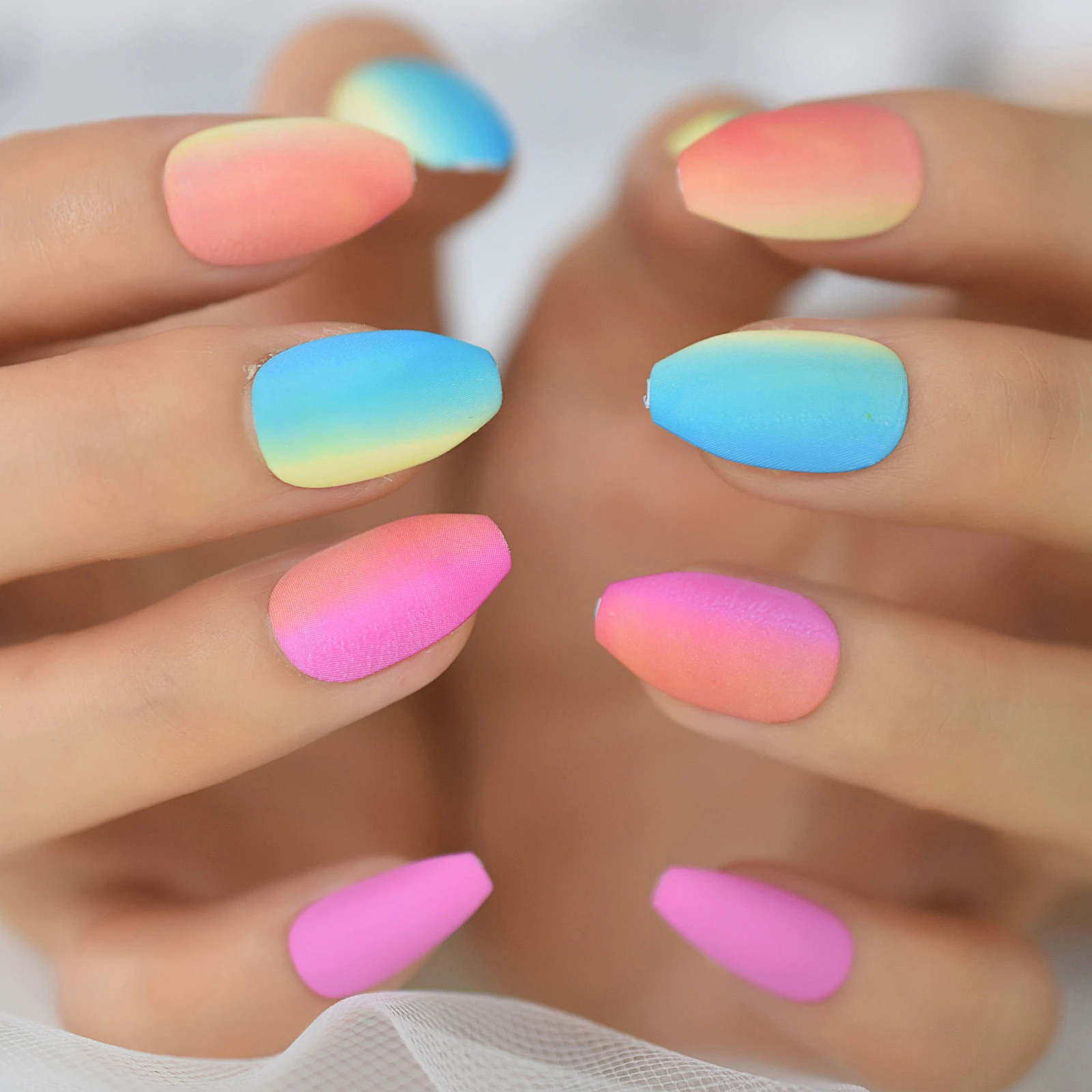 False Rainbow Nails Fake Nails Short Medium Coffin Matte Colorful Faded  Press On Artificial Nails Tips For Women Unas Postizas - False Nails -  AliExpress