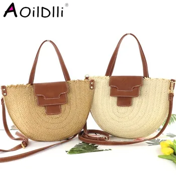 

New semi-circular paper woven straw bag retro leather cover messenger woven bag shoulder summer female beach travel bag