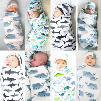 

Newborn Baby Cute Cartoon Animals Print Swaddle Blanket Sleeping Swaddle Muslin Wrap Hat 2pcs