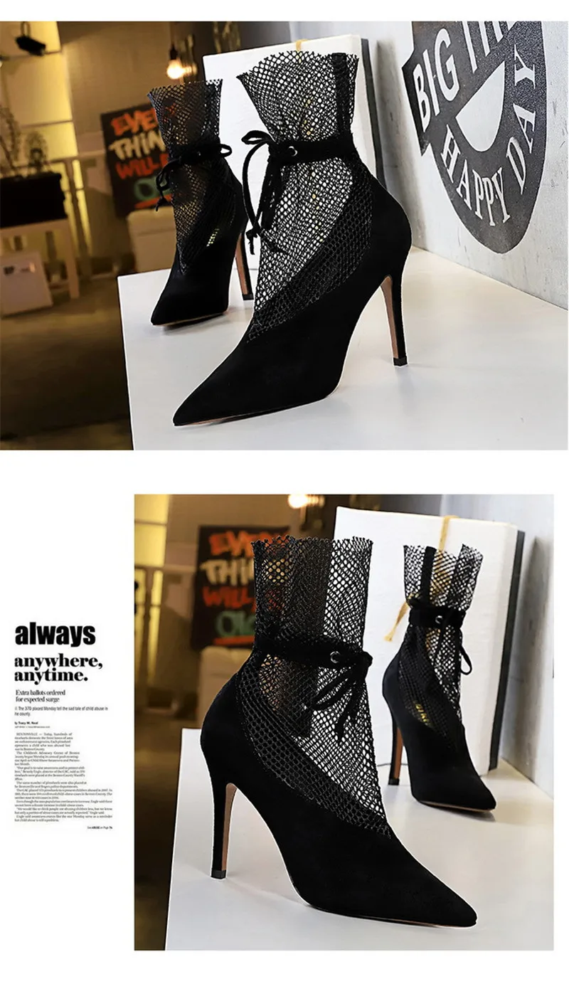 Sexy Pointed Toe V-Mouth Stilettos Mesh Hollow Skinny Lady Ankle Boot Thin High Heels Spring Summer 2020 New Pumps Shoes Woman (13)