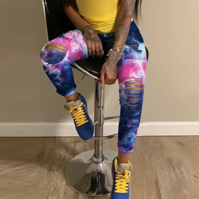 

Ripped Jeans For Women Tight Feet Jeans High Waist Leisure Ripped Tie Dyed Trousers Printing Cool Fashion Trousers Denim Pants