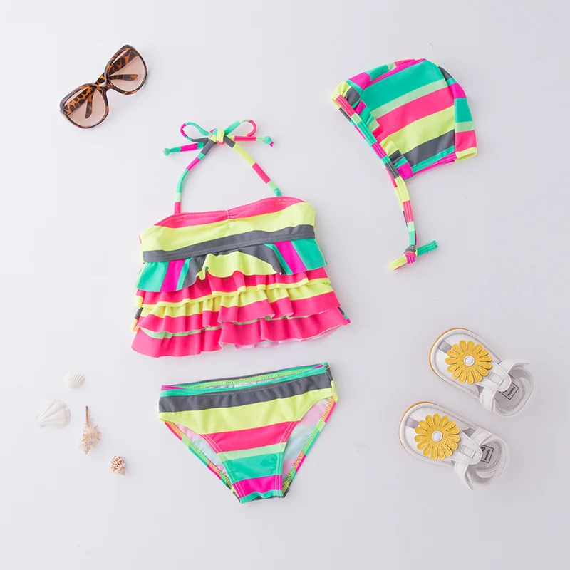 

Girls' Two-piece Swimsuit Colorful Stripes Bandage Cloth with Hat-KID'S Swimwear Hot Springs Clothing