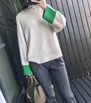 

Women Sweater Short Short Back Color Contrast Irregular High Collar Cashmere Sweater Ladies Sweater